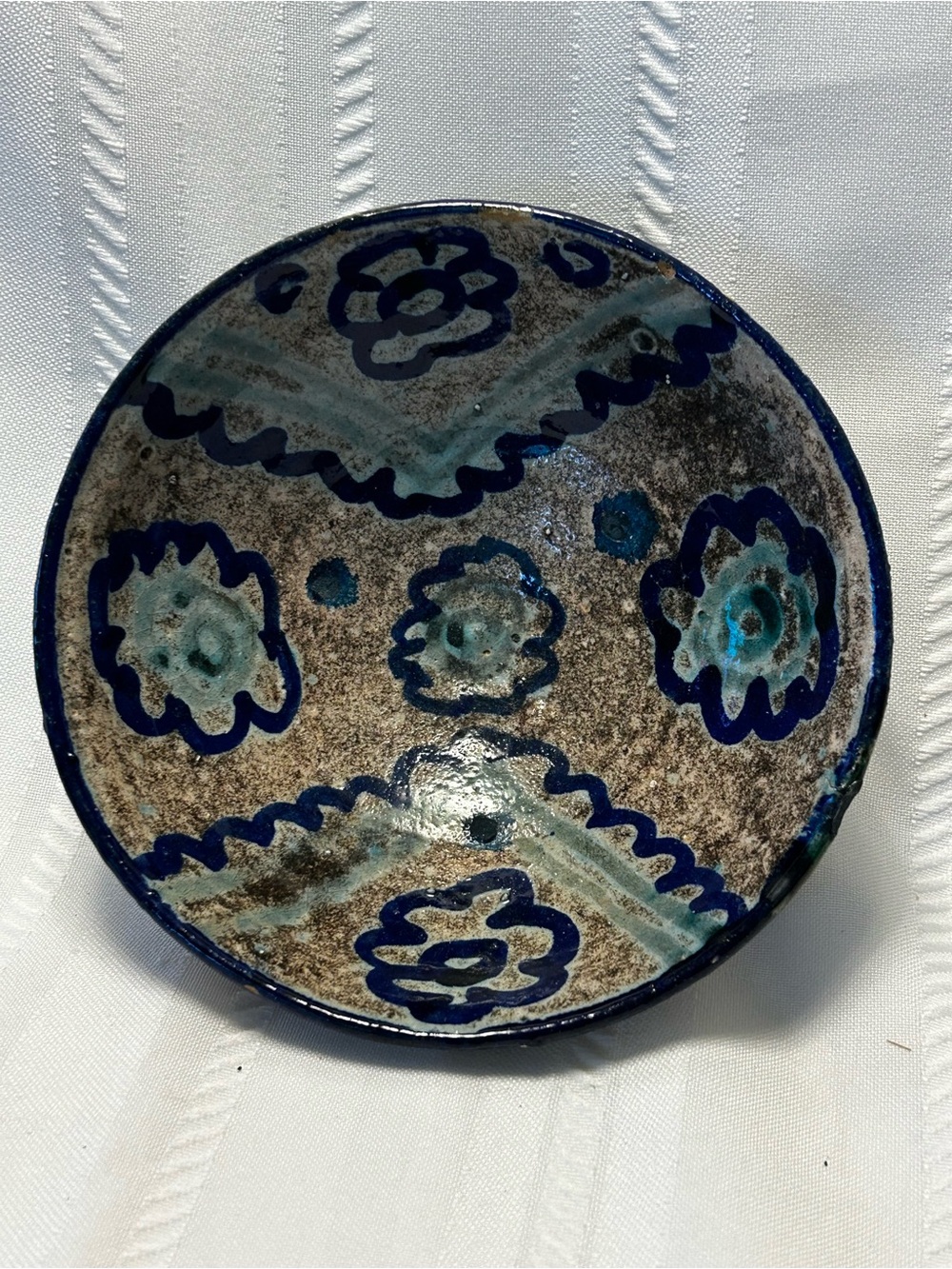 Hand-Painted Pottery Bowl Trinket Dish Home Decor Accent Neutral Blue Floral